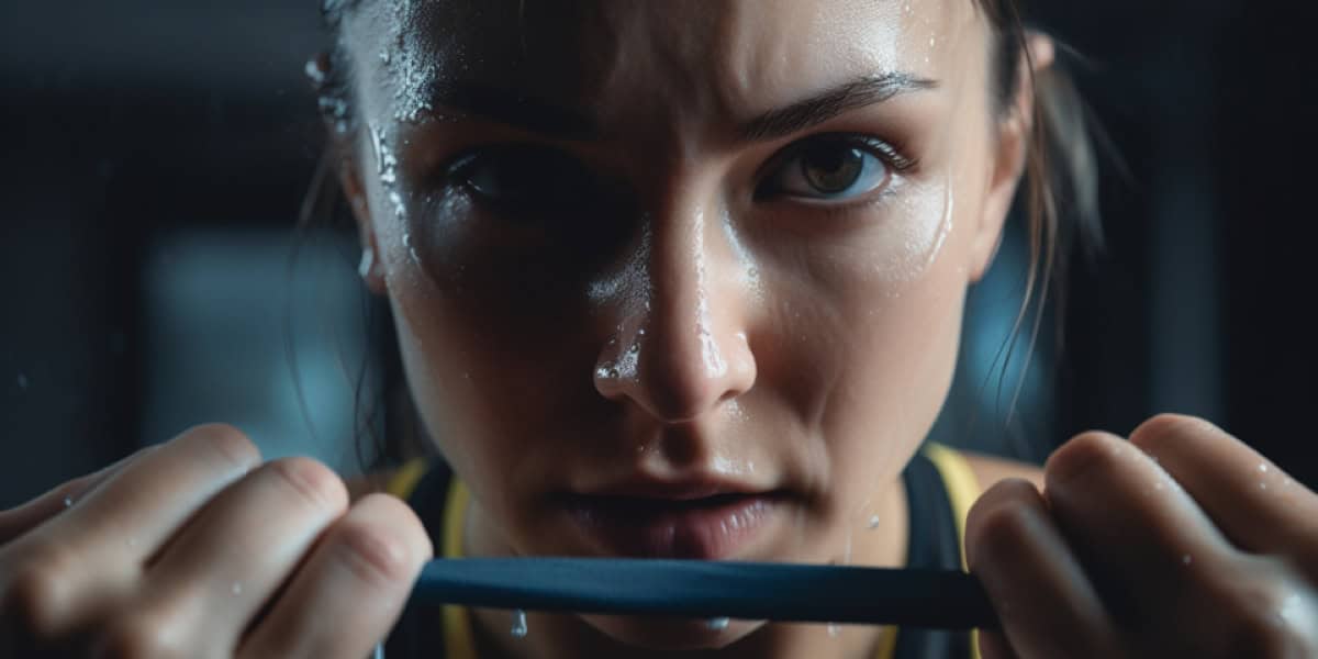 sweating woman with resistance band