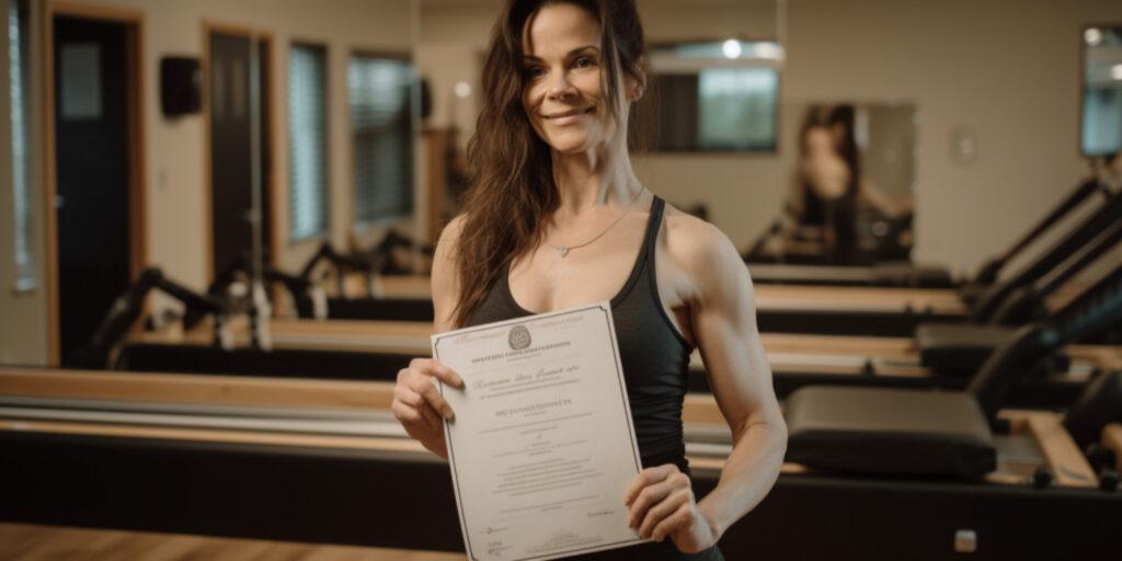 pilates teacher showing certificate