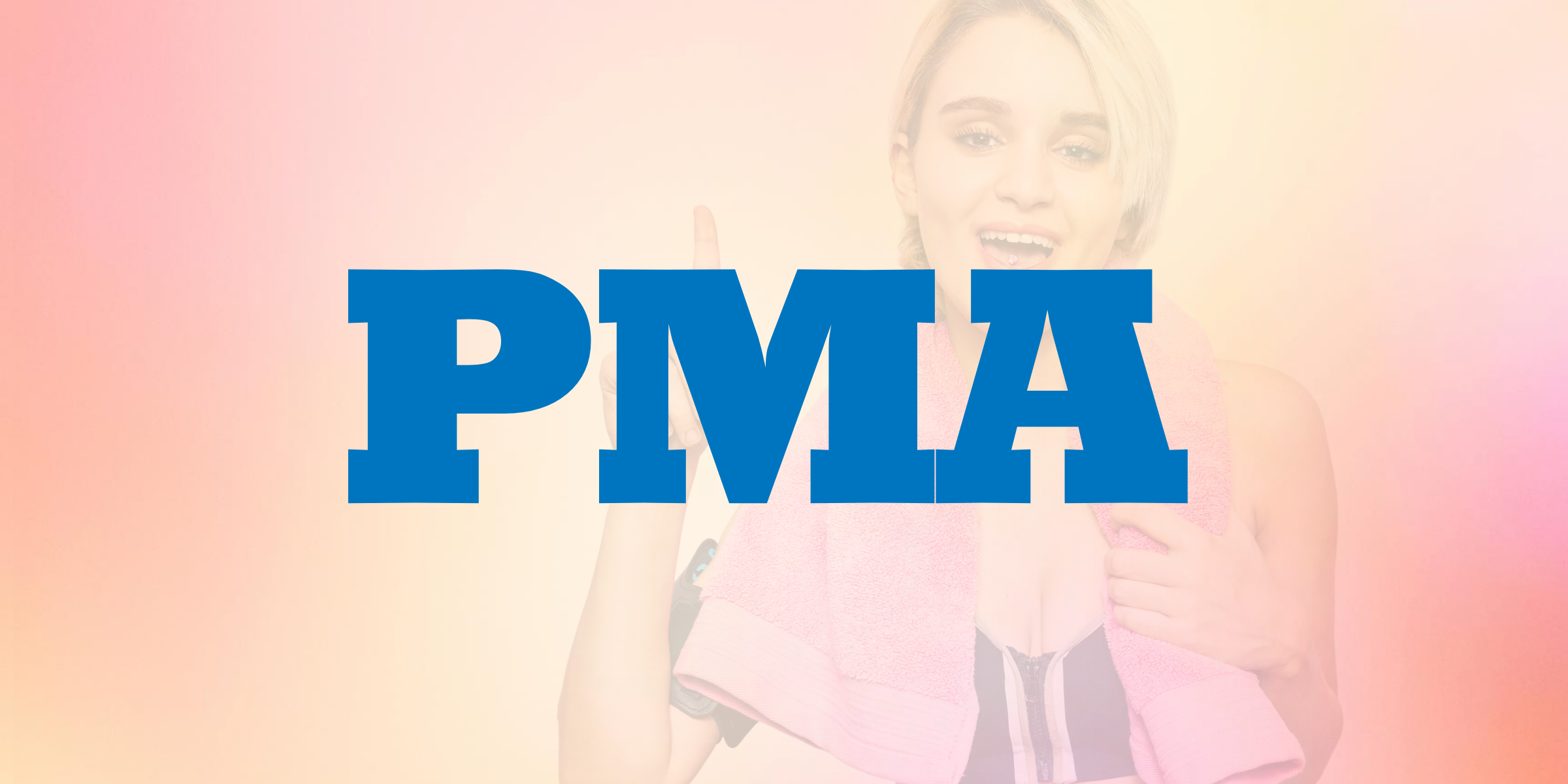 A woman holding a pink towel with the word pma on it.