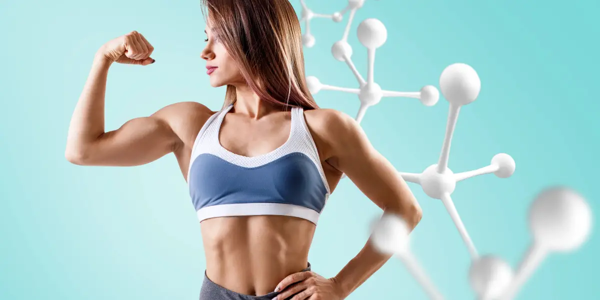 A fit woman flexing her bicep with a graphic of a white molecular structure on a turquoise background.