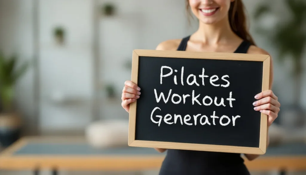 A person holds a chalkboard with the text "Pilates Workout Generator.