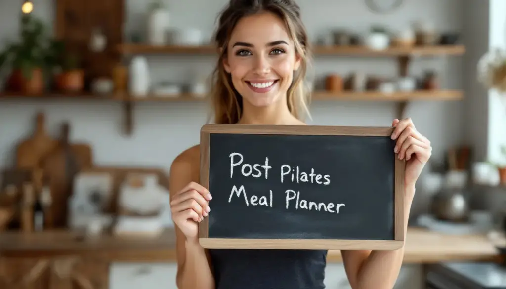 A person holds a chalkboard with the text "Post Pilates Meal Planner" in a kitchen setting.