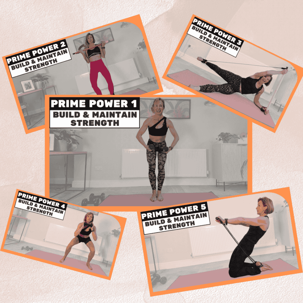 A woman demonstrates five different exercises with resistance bands and dumbbells titled "Prime Power" for building and maintaining strength.