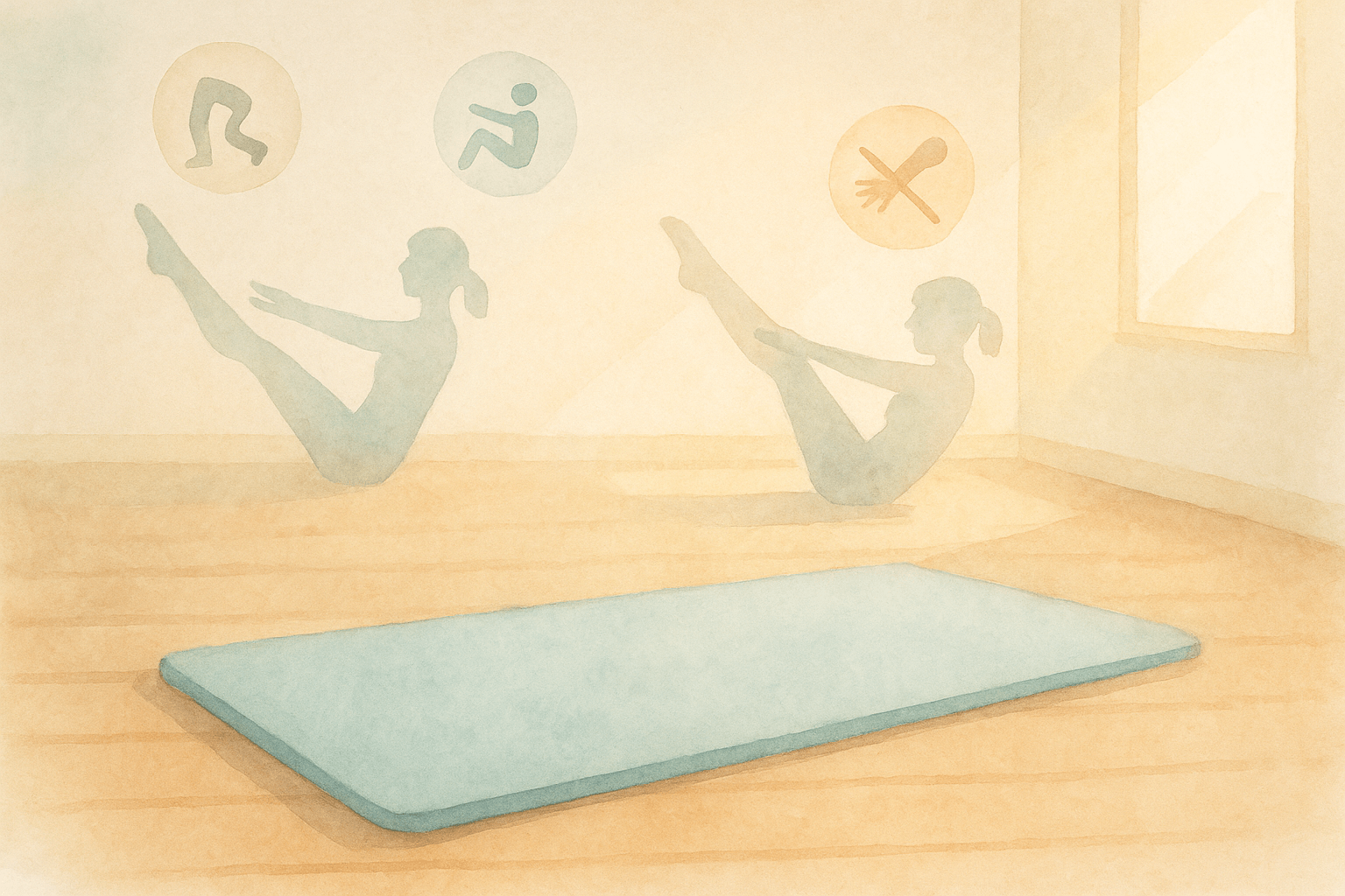 A yoga mat sits on the floor of a bright room, with two people in a boat pose and exercise icons on the wall behind them.