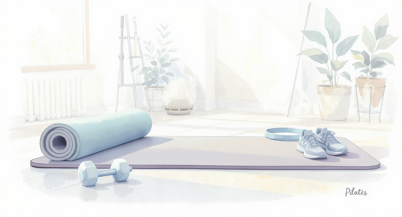 A rolled yoga mat, a pair of sneakers, a pilates ring, and a dumbbell are arranged on the floor in a bright room with potted plants and sunlight streaming in.